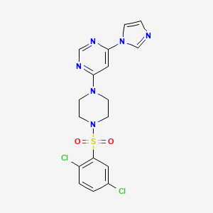 molecular formula C17H16Cl2N6O2S B2505263 4-(4-((2,5-dichlorophenyl)sulfonyl)piperazin-1-yl)-6-(1H-imidazol-1-yl)pyrimidine CAS No. 1203021-03-7