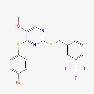 molecular formula C19H14BrF3N2OS2 B2505348 4-(4-溴苯基)硫代-5-甲氧基-2-[[3-(三氟甲基)苯基]甲基硫代]嘧啶 CAS No. 339275-95-5