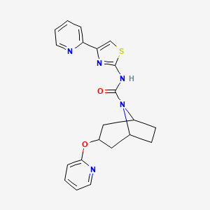molecular formula C21H21N5O2S B2505371 (1R,3s,5S)-N-(4-(吡啶-2-基)噻唑-2-基)-3-(吡啶-2-基氧基)-8-氮杂双环[3.2.1]辛烷-8-甲酰胺 CAS No. 2109278-01-3