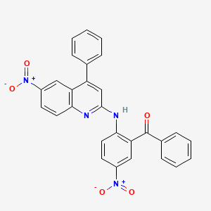 molecular formula C28H18N4O5 B2505375 (5-Nitro-2-((6-nitro-4-phenylquinolin-2-yl)amino)phenyl)(phenyl)methanone CAS No. 64675-68-9