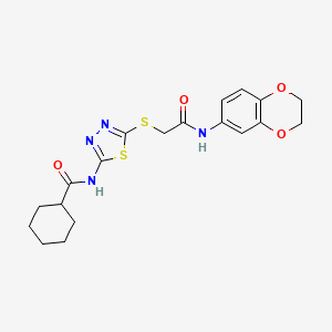 molecular formula C19H22N4O4S2 B2505519 N-(5-((2-((2,3-dihydrobenzo[b][1,4]dioxin-6-yl)amino)-2-oxoethyl)thio)-1,3,4-thiadiazol-2-yl)cyclohexanecarboxamide CAS No. 868972-87-6