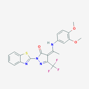 molecular formula C21H17F3N4O3S B250552 (4Z)-2-(1,3-benzothiazol-2-yl)-4-[1-(3,4-dimethoxyanilino)ethylidene]-5-(trifluoromethyl)pyrazol-3-one 