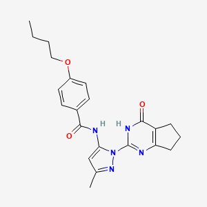 molecular formula C22H25N5O3 B2505526 4-butoxy-N-(3-methyl-1-(4-oxo-4,5,6,7-tetrahydro-3H-cyclopenta[d]pyrimidin-2-yl)-1H-pyrazol-5-yl)benzamide CAS No. 1003799-53-8