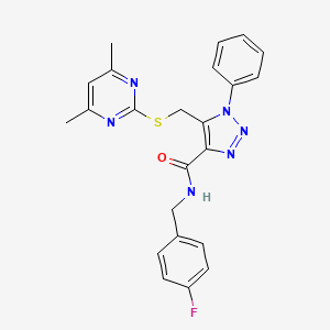 molecular formula C23H21FN6OS B2505586 5-(((4,6-dimethylpyrimidin-2-yl)thio)methyl)-N-(4-fluorobenzyl)-1-phenyl-1H-1,2,3-triazole-4-carboxamide CAS No. 1173045-85-6