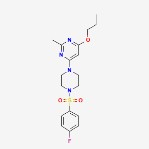 molecular formula C18H23FN4O3S B2505673 4-(4-((4-Fluorophenyl)sulfonyl)piperazin-1-yl)-2-methyl-6-propoxypyrimidine CAS No. 946233-04-1