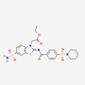 molecular formula C23H26N4O7S3 B2505682 (Z)-乙基 2-(2-((4-(哌啶-1-磺酰基)苯甲酰)亚氨基)-6-磺酰氨基苯并[d]噻唑-3(2H)-基)乙酸酯 CAS No. 865247-68-3
