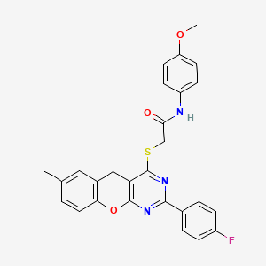 molecular formula C27H22FN3O3S B2505688 2-((2-(4-fluorophenyl)-7-methyl-5H-chromeno[2,3-d]pyrimidin-4-yl)thio)-N-(4-methoxyphenyl)acetamide CAS No. 872196-87-7