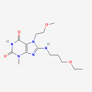 molecular formula C14H23N5O4 B2505693 8-((3-ethoxypropyl)amino)-7-(2-methoxyethyl)-3-methyl-1H-purine-2,6(3H,7H)-dione CAS No. 674356-07-1
