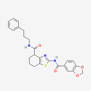 molecular formula C25H25N3O4S B2505814 2-(benzo[d][1,3]dioxole-5-carboxamido)-N-(3-phenylpropyl)-4,5,6,7-tetrahydrobenzo[d]thiazole-4-carboxamide CAS No. 955736-46-6