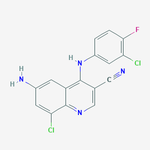 molecular formula C16H9Cl2FN4 B2505905 6-氨基-8-氯-4-((3-氯-4-氟苯基)氨基)喹啉-3-腈 CAS No. 915364-18-0