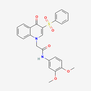 molecular formula C25H22N2O6S B2505927 2-[3-(benzenesulfonyl)-4-oxo-1,4-dihydroquinolin-1-yl]-N-(3,4-dimethoxyphenyl)acetamide CAS No. 866591-17-5