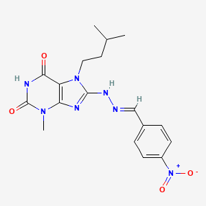 molecular formula C18H21N7O4 B2505937 3-methyl-7-(3-methylbutyl)-8-[(2E)-2-(4-nitrobenzylidene)hydrazinyl]-3,7-dihydro-1H-purine-2,6-dione CAS No. 300731-65-1
