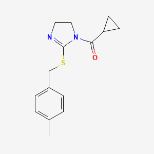 molecular formula C15H18N2OS B2506007 cyclopropyl(2-((4-methylbenzyl)thio)-4,5-dihydro-1H-imidazol-1-yl)methanone CAS No. 851804-78-9