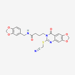 molecular formula C23H20N4O6S B2506048 N-(1,3-benzodioxol-5-ylmethyl)-4-[6-(cyanomethylsulfanyl)-8-oxo-[1,3]dioxolo[4,5-g]quinazolin-7-yl]butanamide CAS No. 688060-22-2