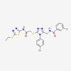 molecular formula C22H19BrFN7O2S3 B2506059 N-((4-(4-bromophenyl)-5-((2-((5-(ethylthio)-1,3,4-thiadiazol-2-yl)amino)-2-oxoethyl)thio)-4H-1,2,4-triazol-3-yl)methyl)-3-fluorobenzamide CAS No. 393840-26-1