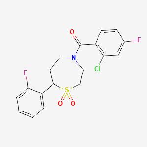 molecular formula C18H16ClF2NO3S B2506140 (2-Chloro-4-fluorophenyl)(7-(2-fluorophenyl)-1,1-dioxido-1,4-thiazepan-4-yl)methanone CAS No. 2034336-60-0