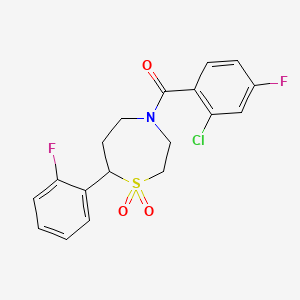 molecular formula C18H16ClF2NO3S B2506140 (2-氯-4-氟苯基)(7-(2-氟苯基)-1,1-二氧化-1,4-噻吩-4-基)甲酮 CAS No. 2034336-60-0