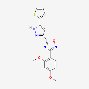 molecular formula C17H14N4O3S B2506154 3-(2,4-dimethoxyphenyl)-5-(3-(thiophen-2-yl)-1H-pyrazol-5-yl)-1,2,4-oxadiazole CAS No. 1192556-04-9
