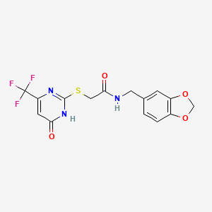 molecular formula C15H12F3N3O4S B2506190 N-(苯并[d][1,3]二氧杂环-5-基甲基)-2-((6-氧代-4-(三氟甲基)-1,6-二氢嘧啶-2-基)硫代)乙酰胺 CAS No. 899990-79-5