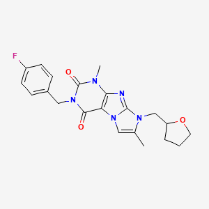 molecular formula C21H22FN5O3 B2506260 2-[(4-Fluorophenyl)methyl]-4,7-dimethyl-6-(oxolan-2-ylmethyl)purino[7,8-a]imidazole-1,3-dione CAS No. 876674-01-0