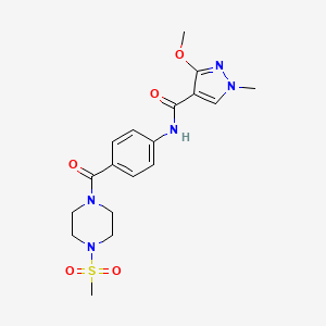 molecular formula C18H23N5O5S B2506385 3-methoxy-1-methyl-N-(4-(4-(methylsulfonyl)piperazine-1-carbonyl)phenyl)-1H-pyrazole-4-carboxamide CAS No. 1206998-31-3