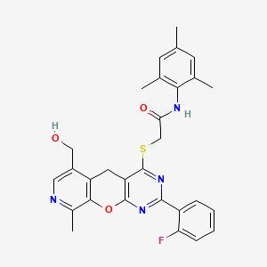 2-((2-(2-fluorophenyl)-6-(hydroxymethyl)-9-methyl-5H-pyrido[4',3':5,6]pyrano[2,3-d]pyrimidin-4-yl)thio)-N-mesitylacetamide
