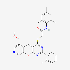 molecular formula C29H27FN4O3S B2506469 2-((2-(2-fluorophenyl)-6-(hydroxymethyl)-9-methyl-5H-pyrido[4',3':5,6]pyrano[2,3-d]pyrimidin-4-yl)thio)-N-mesitylacetamide CAS No. 892386-14-0