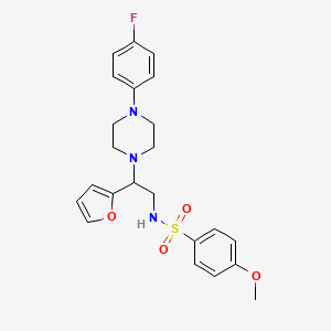 molecular formula C23H26FN3O4S B2506497 N-(2-(4-(4-fluorophenyl)piperazin-1-yl)-2-(furan-2-yl)ethyl)-4-methoxybenzenesulfonamide CAS No. 877648-35-6