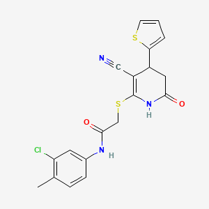 molecular formula C19H16ClN3O2S2 B2506530 N-(3-chloro-4-methylphenyl)-2-{[3-cyano-6-hydroxy-4-(thiophen-2-yl)-4,5-dihydropyridin-2-yl]sulfanyl}acetamide CAS No. 375828-06-1