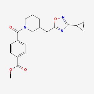 molecular formula C20H23N3O4 B2506546 Methyl 4-(3-((3-cyclopropyl-1,2,4-oxadiazol-5-yl)methyl)piperidine-1-carbonyl)benzoate CAS No. 1706006-10-1