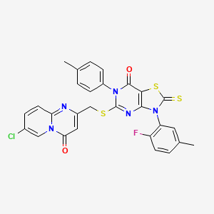 molecular formula C28H19ClFN5O2S3 B2506583 5-(((7-chloro-4-oxo-4H-pyrido[1,2-a]pyrimidin-2-yl)methyl)thio)-3-(2-fluoro-5-methylphenyl)-2-thioxo-6-(p-tolyl)-2,3-dihydrothiazolo[4,5-d]pyrimidin-7(6H)-one CAS No. 422305-97-3