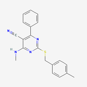 molecular formula C20H18N4S B2506638 4-(Methylamino)-2-[(4-methylbenzyl)sulfanyl]-6-phenyl-5-pyrimidinecarbonitrile CAS No. 320422-38-6