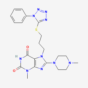molecular formula C21H26N10O2S B2506676 3-methyl-8-(4-methylpiperazin-1-yl)-7-(3-((1-phenyl-1H-tetrazol-5-yl)thio)propyl)-1H-purine-2,6(3H,7H)-dione CAS No. 872627-83-3