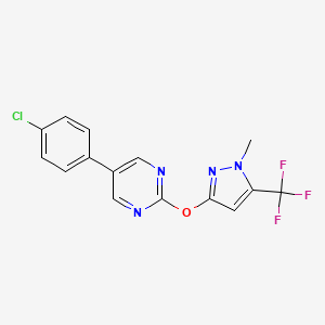 molecular formula C15H10ClF3N4O B2506685 5-(4-chlorophenyl)-2-{[1-methyl-5-(trifluoromethyl)-1H-pyrazol-3-yl]oxy}pyrimidine CAS No. 477711-83-4