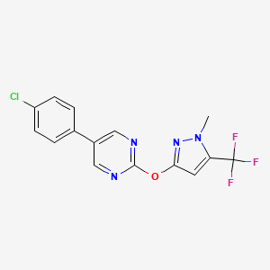 molecular formula C15H10ClF3N4O B2506685 5-(4-clorofenil)-2-{[1-metil-5-(trifluorometil)-1H-pirazol-3-il]oxi}pirimidina CAS No. 477711-83-4