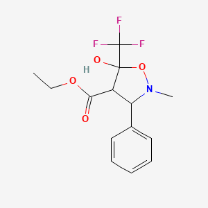 molecular formula C14H16F3NO4 B2506697 Ethyl 5-hydroxy-2-methyl-3-phenyl-5-(trifluoromethyl)tetrahydro-4-isoxazolecarboxylate CAS No. 321391-90-6