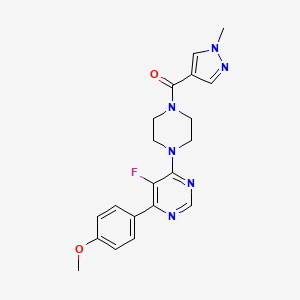 molecular formula C20H21FN6O2 B2506702 [4-[5-Fluoro-6-(4-methoxyphenyl)pyrimidin-4-yl]piperazin-1-yl]-(1-methylpyrazol-4-yl)methanone CAS No. 2380085-56-1