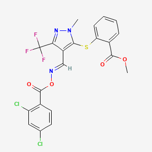molecular formula C21H14Cl2F3N3O4S B2506738 (E)-[(5-{[2-(methoxycarbonyl)phenyl]sulfanyl}-1-methyl-3-(trifluoromethyl)-1H-pyrazol-4-yl)methylidene]amino 2,4-dichlorobenzoate CAS No. 318238-33-4