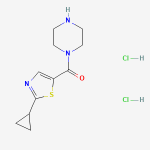 molecular formula C11H17Cl2N3OS B2506796 (2-Cyclopropyl-1,3-thiazol-5-yl)-piperazin-1-ylmethanone;dihydrochloride CAS No. 1595251-78-7
