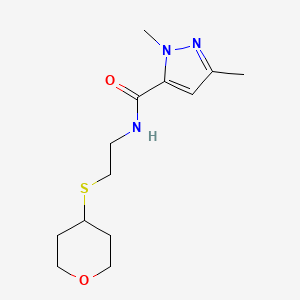 molecular formula C13H21N3O2S B2506810 1,3-dimethyl-N-(2-((tetrahydro-2H-pyran-4-yl)thio)ethyl)-1H-pyrazole-5-carboxamide CAS No. 1904414-09-0