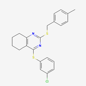 molecular formula C22H21ClN2S2 B2506827 4-(3-Chlorophenyl)sulfanyl-2-[(4-methylphenyl)methylsulfanyl]-5,6,7,8-tetrahydroquinazoline CAS No. 343374-09-4