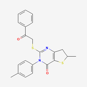molecular formula C22H20N2O2S2 B2506834 6-Methyl-3-(4-methylphenyl)-2-phenacylsulfanyl-6,7-dihydrothieno[3,2-d]pyrimidin-4-one CAS No. 862825-40-9