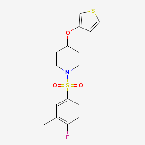 molecular formula C16H18FNO3S2 B2506845 1-((4-Fluoro-3-methylphenyl)sulfonyl)-4-(thiophen-3-yloxy)piperidine CAS No. 2034429-40-6