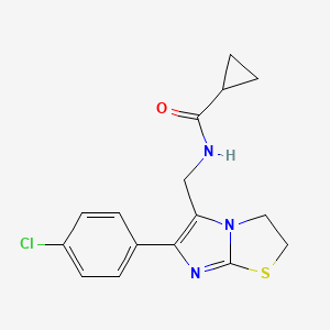 molecular formula C16H16ClN3OS B2506892 N-((6-(4-chlorophenyl)-2,3-dihydroimidazo[2,1-b]thiazol-5-yl)methyl)cyclopropanecarboxamide CAS No. 946301-84-4