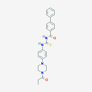molecular formula C27H28N4O2S B250696 N-{[4-(4-propanoylpiperazin-1-yl)phenyl]carbamothioyl}biphenyl-4-carboxamide 