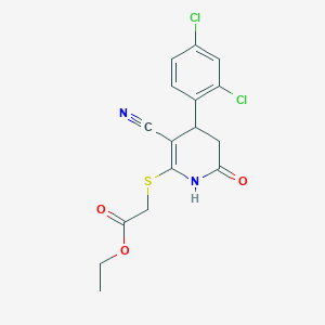 molecular formula C16H14Cl2N2O3S B2506991 Ethyl 2-((3-cyano-4-(2,4-dichlorophenyl)-6-oxo-1,4,5,6-tetrahydropyridin-2-yl)thio)acetate CAS No. 332051-71-5
