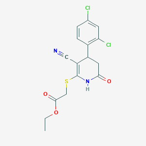 molecular formula C16H14Cl2N2O3S B2506991 2-((3-氰基-4-(2,4-二氯苯基)-6-氧代-1,4,5,6-四氢吡啶-2-基)硫代)乙酸乙酯 CAS No. 332051-71-5