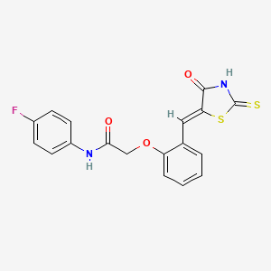 molecular formula C18H13FN2O3S2 B2506992 N-(4-氟苯基)-2-[2-[(Z)-(4-氧代-2-硫代亚磺酰基-1,3-噻唑烷-5-亚磺酰基)甲基]苯氧基]乙酰胺 CAS No. 867311-89-5