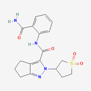molecular formula C18H20N4O4S B2507005 N-(2-carbamoylphenyl)-2-(1,1-dioxidotetrahydrothiophen-3-yl)-2,4,5,6-tetrahydrocyclopenta[c]pyrazole-3-carboxamide CAS No. 2309728-75-2