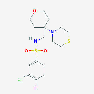 molecular formula C16H22ClFN2O3S2 B2507046 3-Chloro-4-fluoro-N-[(4-thiomorpholin-4-yloxan-4-yl)methyl]benzenesulfonamide CAS No. 2415471-39-3